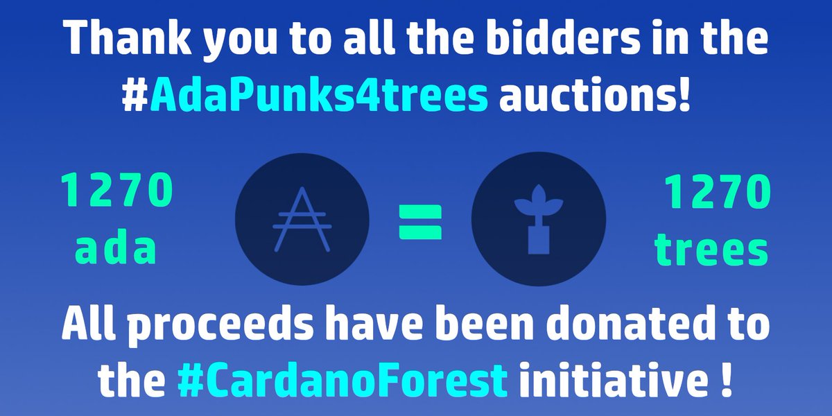 PunksAda's tweet photo. The 3 donations collected a total of 1270 ₳ 👏

🌳We rounded it up and donated 1500 ₳ to the #CardanoForest restoration project

💚As @veritree_ will match this donation, we are very proud that this auction will help plant 3000 trees!

#AdaPunks4trees #COP26 #cardanoForest https://t.co/tPjd7GYDBp