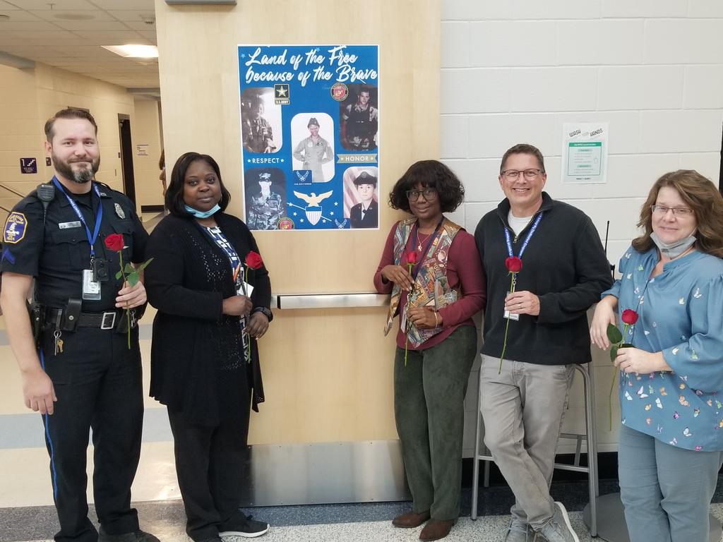 Happy Veteran's Day to all veterans and ours at CEW South Campus! (L to R) SRO Bailey (USMC), Ms. Magwood (US Army), Ms. Buist (USAF), Mr. Butler (USMC), Ms. Buchanan (USAF)!