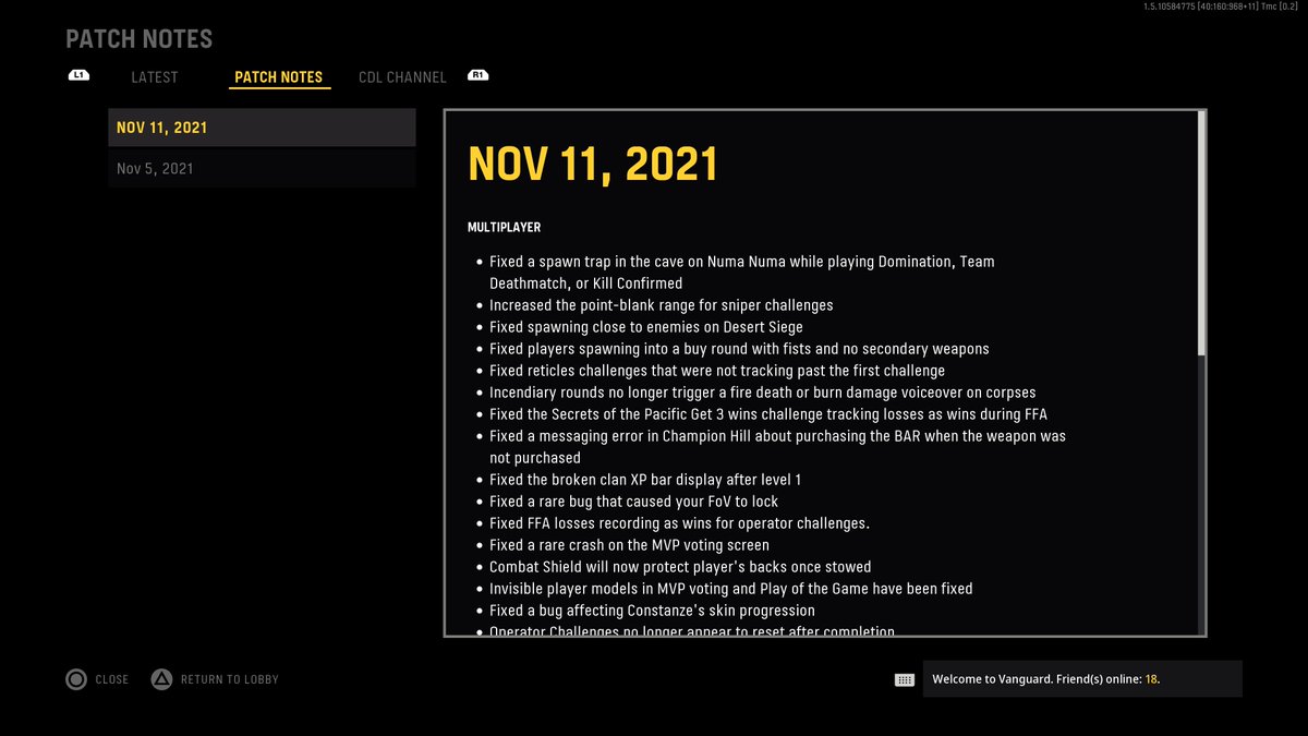 charlieINTEL's tweet photo. Here's the full patch notes for today's #Vanguard hot fix update. https://t.co/PJq2Jilgpy