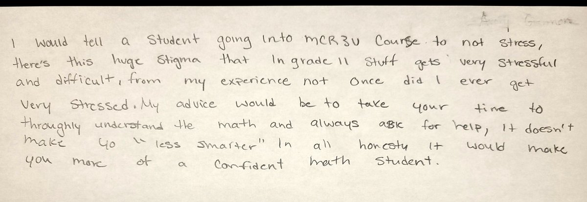 garden_rob's tweet photo. I asked my outgoing grade 11 math students "what they would tell an incoming student." Their responses were both wise and inspiring. #thinkingclassroom #mtbos #iteachmath #hpemath @pgliljedahl https://t.co/5L5HNSxhlB