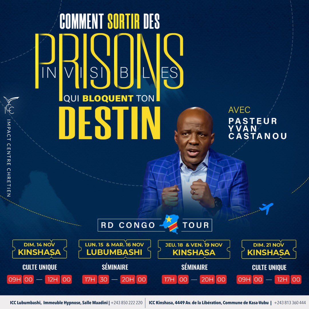 YCastanou's tweet photo. 🇨🇩 #RDCongoTour Si vous habitez Kinshasa et Lubumbashi en République Démocratique du #Congo, j'aurai le plaisir de vous y retrouver à partir de ce dimanche 14 novembre pour 2 soirées de séminaire et 2 cultes spéciaux. 🙌🏾 À très bientôt par la grâce de #Dieu. 🙏🏾 https://t.co/mk7OtDg9av