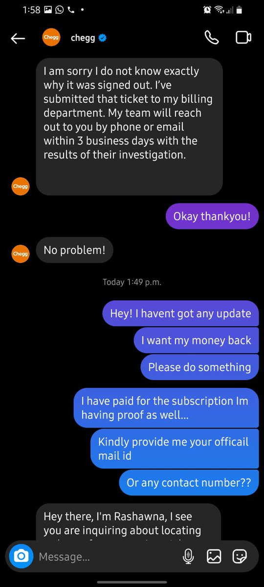 AKG_1978's tweet photo. @CheggHelp My daughter had subscribed your subscription on Oct 25, 2021 and $ 26.20 CAD were deducted but when try to login, it shows no subscription. The matter was reported for necessary solution but no result. Please refund the money. Screenshots attached. https://t.co/2GCBqeb23e