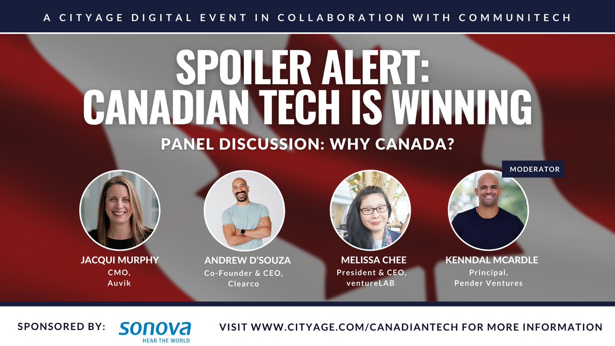 CityAge's tweet photo. How does Canada’s reputation, and talent pool, position it to lead the world in tech for good? 
 
On November 23rd: These leaders discuss how an emphasis on people, planet, and profits can shape a new generation of tech entrepreneurs.

#ownthepodium #technology #founderdriven https://t.co/MNmJ2AX69c