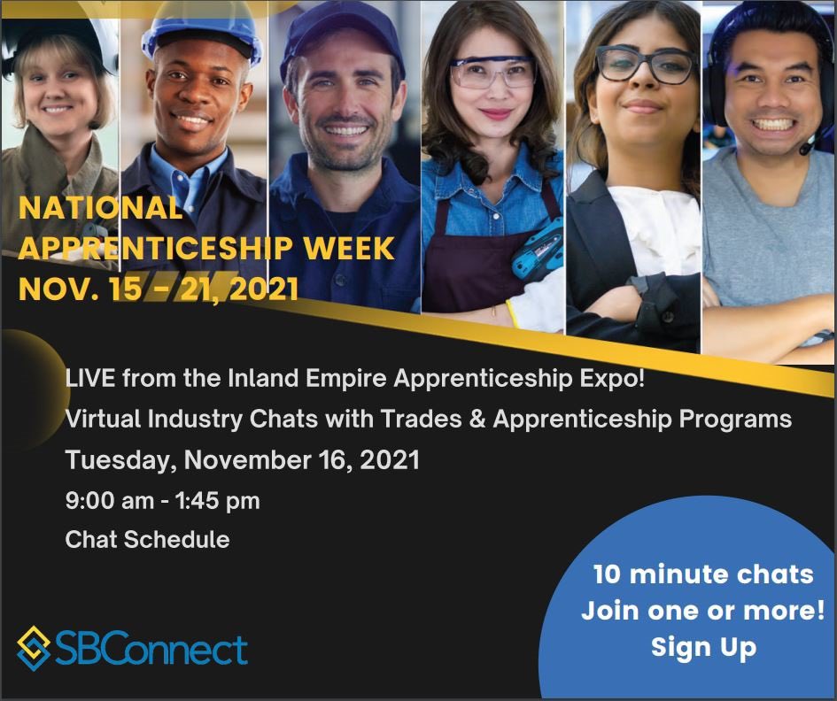 November 15- November 21 is National Apprenticeship Week! 

Do you have students interested in learning more about apprenticeships? Join us for one or more 10-minute industry chats on November 16, 2021 

To Register, visit: 
 bit.ly/IEApprenticesh…