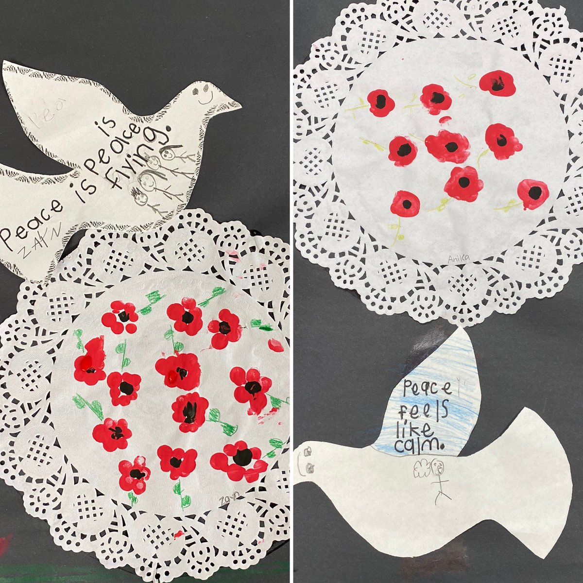 heatherimrie's tweet photo. Today we learned about the poppy. We also learned about the symbol for peace, a dove. Students used their fingers in paint to create the poppies and then shared another idea of peace. 🕊 #RemembranceDay2021 https://t.co/GZAAi3PaIh