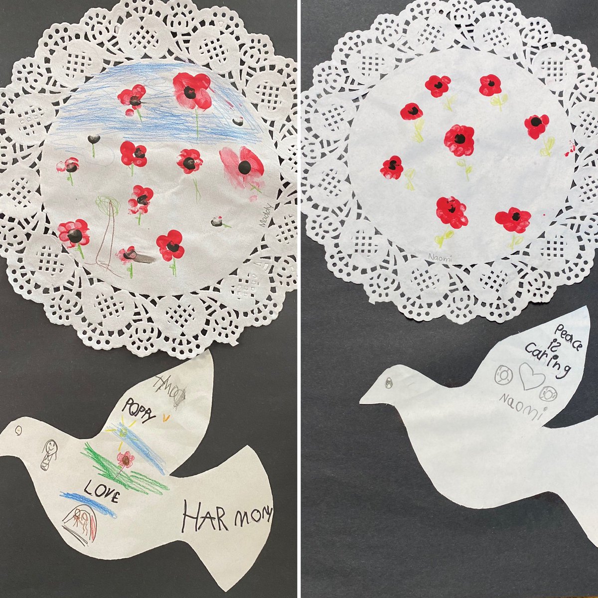 heatherimrie's tweet photo. Today we learned about the poppy. We also learned about the symbol for peace, a dove. Students used their fingers in paint to create the poppies and then shared another idea of peace. 🕊 #RemembranceDay2021 https://t.co/GZAAi3PaIh