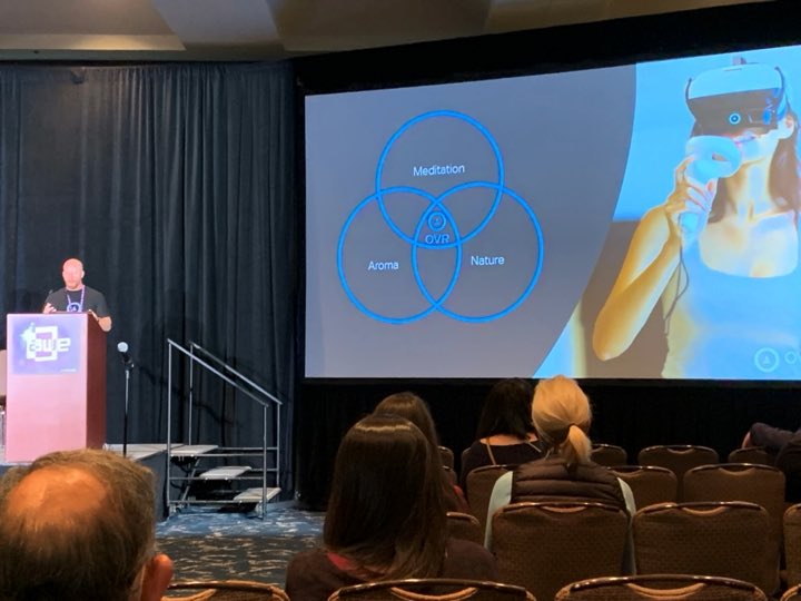 .<a href="/aa_wisniewski/">Aaron Wisniewski</a> leads us through how olfactory-based VR interventions work. In a study OVR did with @UVMMedCenter results showed that 100% of patients saw a 70% reduction in stress, with patients experiencing reduced stress in the hours that followed. <a href="/ARealityEvent/">AWE</a> #AWE2021