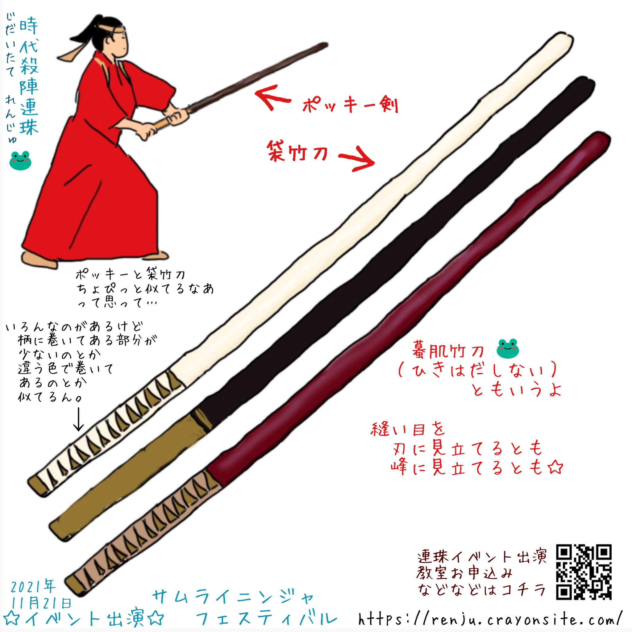 時代殺陣連珠 のゆるゆる日記ー枝垂柳にとびつくカエル 時代劇に出てくる道場の中に置いてあることも多い袋竹刀 袋竹刀 ふくろしない とは 割った竹に袋がかぶせてある竹刀のコトだよ 流派によって割る数や割り方 長さや色 鍔のあるなしなどいろいろ