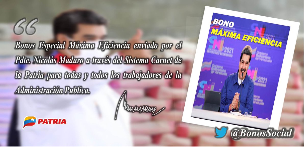 Continúa la entrega del Bonos Especiales #MáximaEficiencia mes (noviembre 2021) a través del Sistema <a href="/CarnetDLaPatria/">Carnet de la patria</a> para los trabajadores activos y jubilados de la Administración Pública.

#VenezuelaMusical
<a href="/Mippcivzla/">mippci</a> <a href="/NicolasMaduro/">Nicolás Maduro</a>