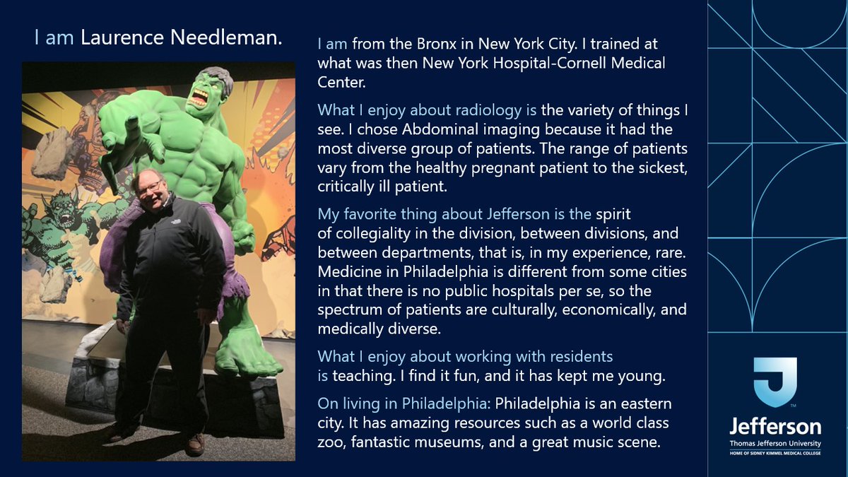 JeffersonRads's tweet photo. Next faculty profile features Dr. Needleman, full time Division Director of Ultrasound/Co-Director of Jefferson Vascular Center and part time avenger! #LifeAtJeff @futureradres @Inside_TheMatch @acrrfs #Match2022 #radiology #abdominalimaging #ultrasound https://t.co/EvBUnt5L86