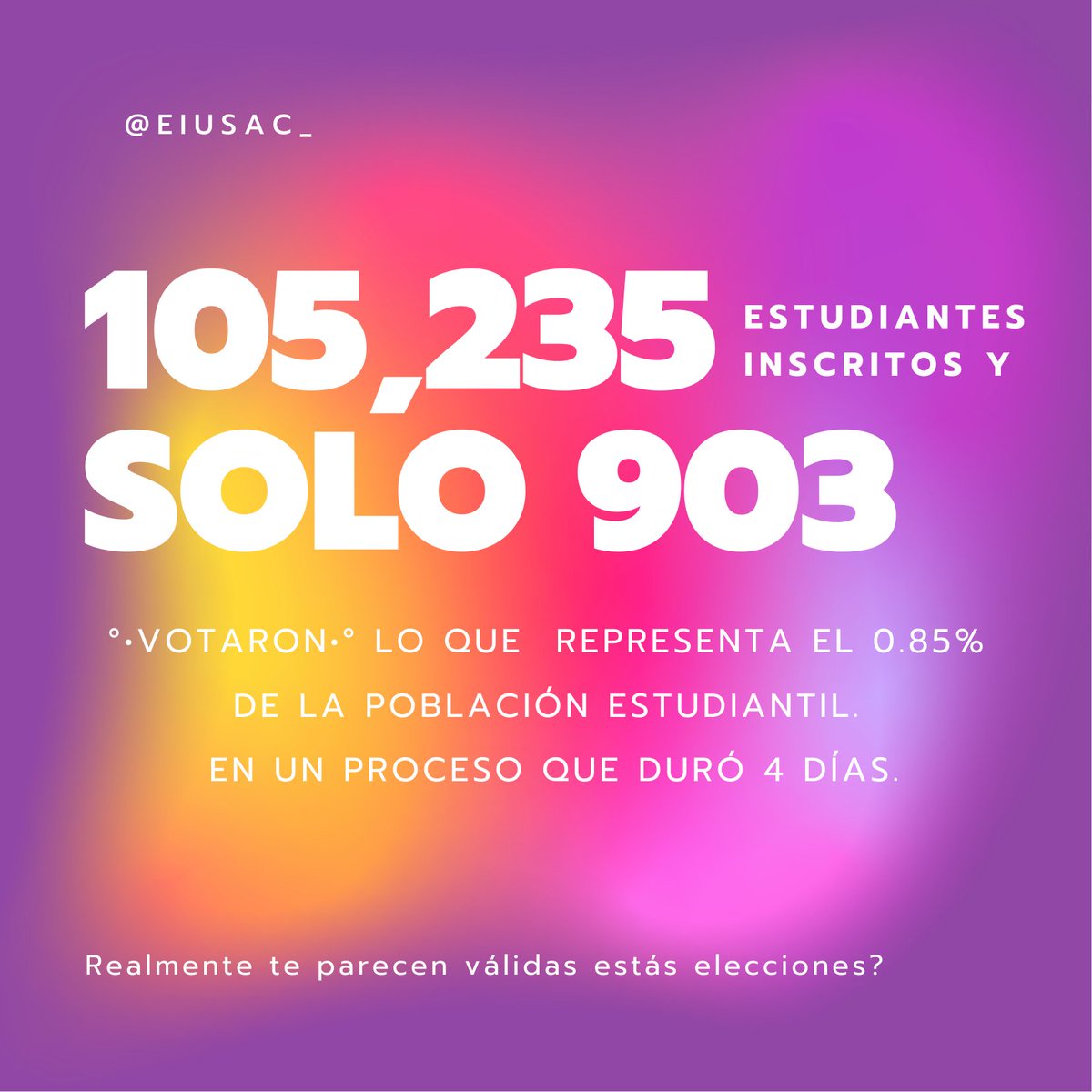 eiusac's tweet image. Las anomalías ocurridas en las elecciones AEU 2021 no son culpa únicamente de la apatía del estudiantado.

La incapacidad del CEEU de poder garantizar unas elecciones seguras solo deja más en duda la veracidad de las mismas.