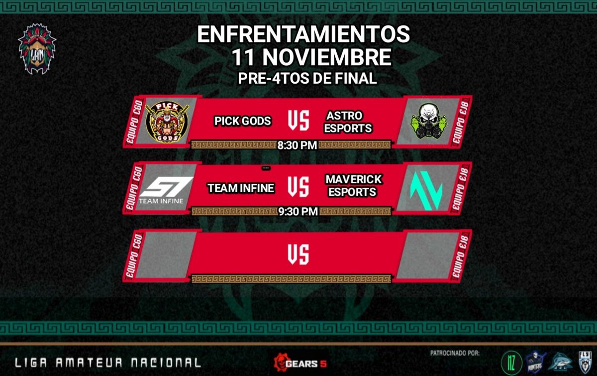 FlysGoficial's tweet photo. Liga Lan 🇲🇽🏆 presenta :
#pickgods
@AstroE_Sports 
@Team_Infine 
@Maverickesport 
Previo a los 4tos de final 
Estarán buscando seguir avanzando en la competencia
Eliminacion directa 
¿Quien es tu favorito?🤔
No te puedes perder estos enfrentamientos👊🏼
Nos vemos en stream https://t.co/jbBEuGfqpO
