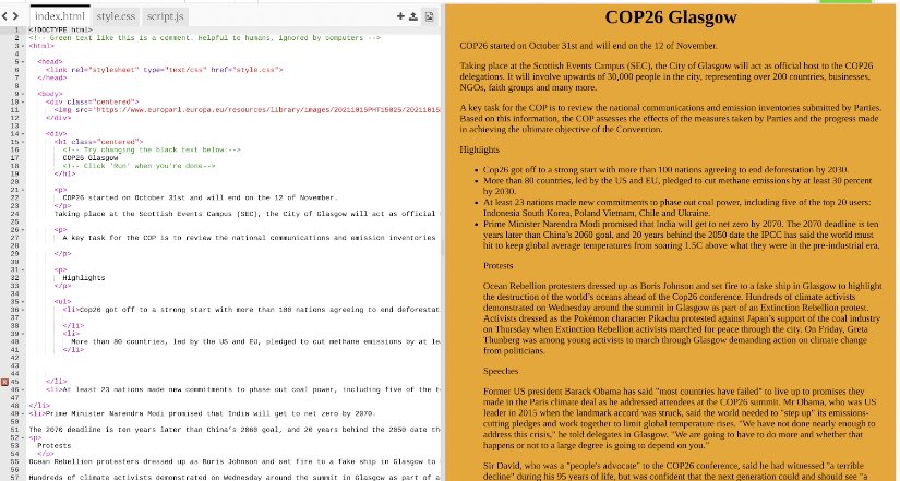 EODuibheannaigh's tweet photo. As both #ScienceWeek2021 and #COP26 come to a close soon, JC coding students are busy building their #HTML sites to showcase the highlights! 👩🏼💻👨🏼💻
Sites include guest speakers, agreements, Ireland’s commitment to reduce carbon emissions and much more!
🇮🇪🤝🌍
#JCCoding #HTML https://t.co/J2SQRpEzCR
