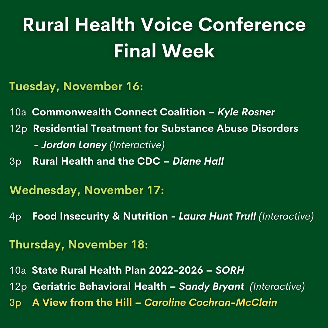 VaRuralHealth's tweet photo. Speakers from CDC, Commonwealth of Virginia, &amp; Office of #RuralHealth will join us next week, as well as our headliner Caroline Cochran-McClain - NRHA Chief Policy Officer. Sign up today &amp; receive access to all presentation recordings &amp; a 1 yr membership! https://t.co/gbJl1C7LsL https://t.co/kosVtJFFJm