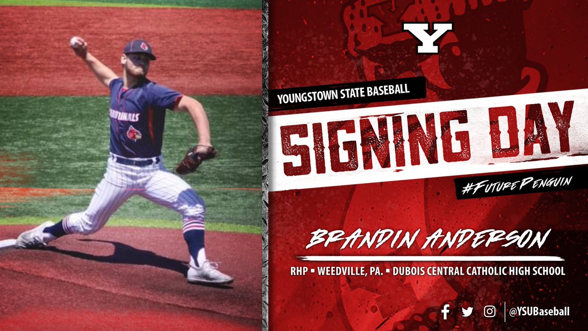 Please help us welcome 𝘽𝙧𝙖𝙣𝙙𝙞𝙣 𝘼𝙣𝙙𝙚𝙧𝙨𝙤𝙣 to the YSU Baseball family ‼️✍️

The Weedville, Pa., native helped lead DuBois Central Catholic High School to the district championship while recording 70 K's and a .197 opponent batting average.

#GoGuins🐧 | #FuturePenguin