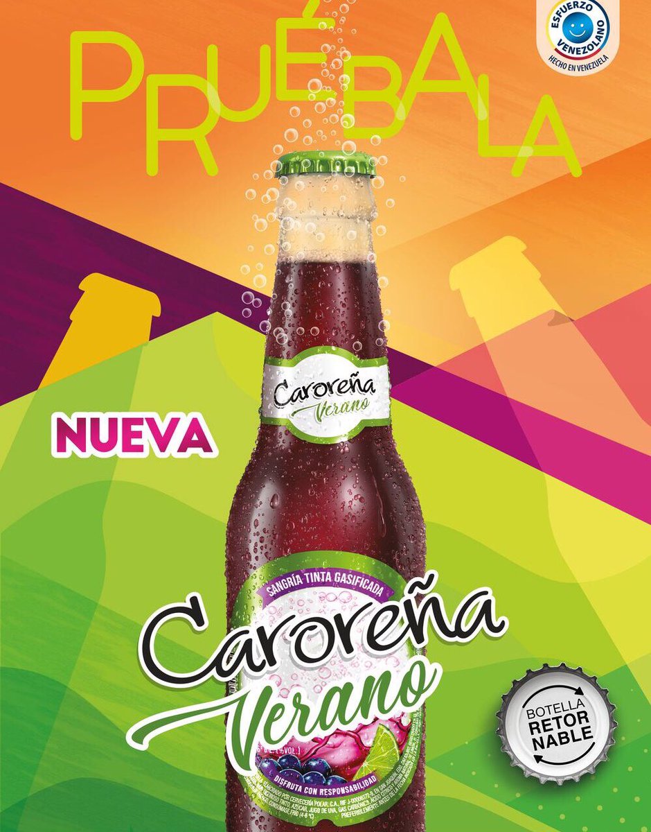 RevistaPyMVzla's tweet photo. Llega al mercado #CaroreñaVerano. Una refrescante sangría tinta gasificada, con 6° de alcohol y un sutil toque de limón.
Esta extensión de línea  de @carorenave viene en botella retornable de 222 ml. Se puede adquirir de forma individual, en sixpack o en gavera de 36 unidades. https://t.co/l2iGHJaOhA