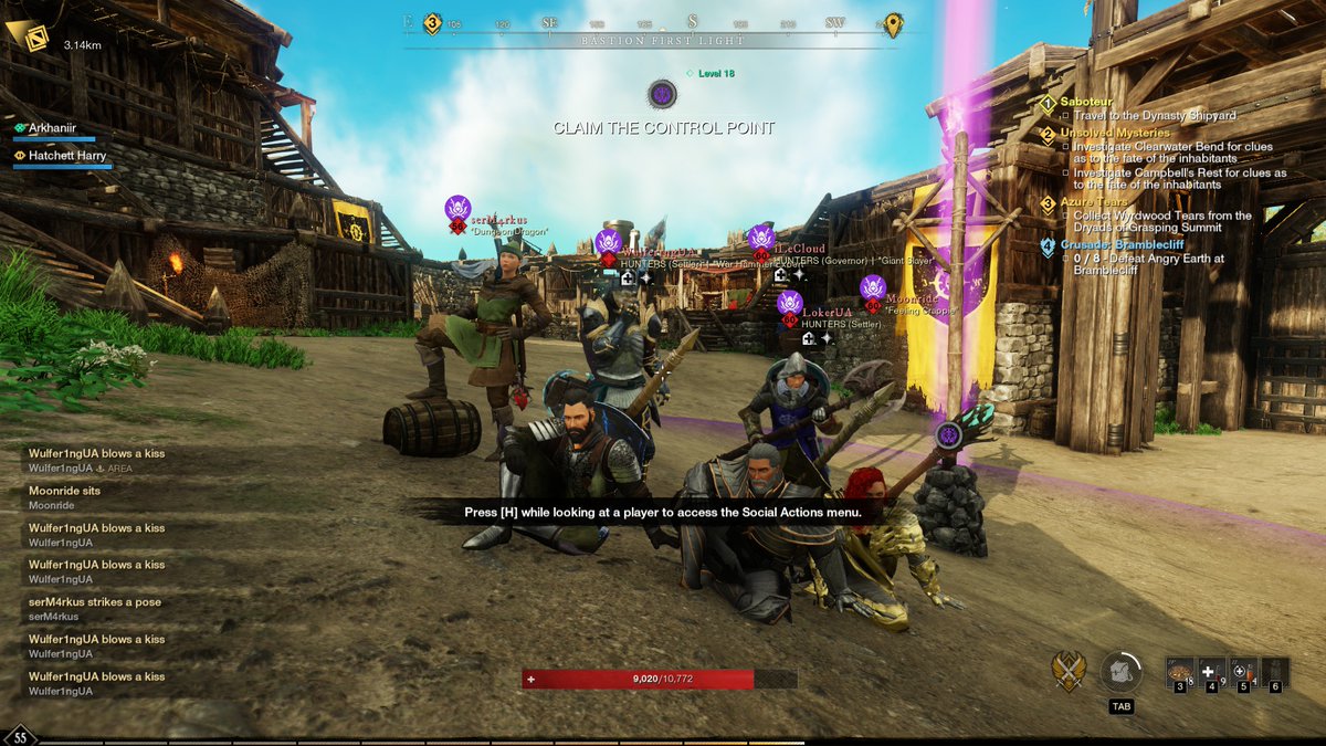 Meet HUNTERS. The EU Company that wants to take First Light from us and have been hammering us for that purpose.

That does not, however, keep us from having a chat and chilling out together and I quite like that. Its a good community feeling! <a href="/playnewworld/">New World: Aeternum</a> #NewWorldMMO