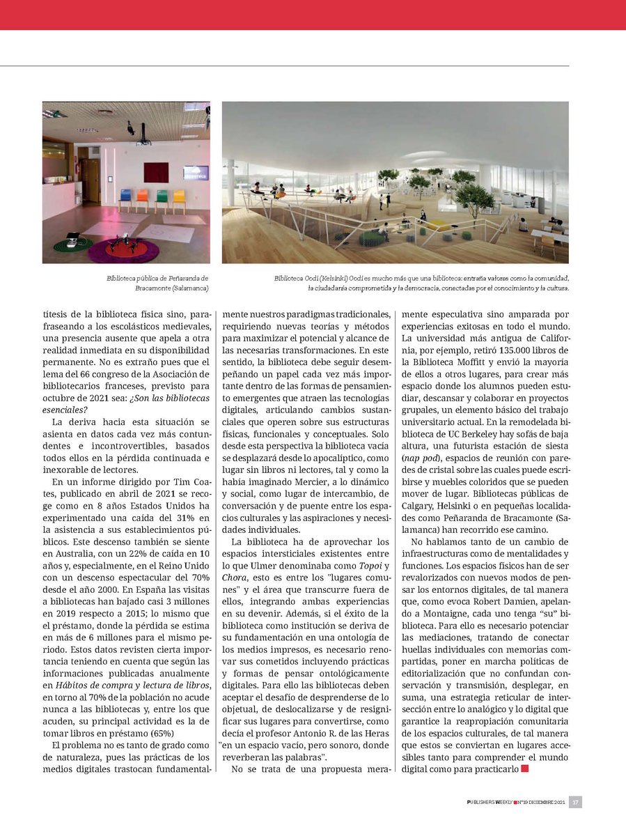 La biblioteca vacía, hacia escenarios intangibles. Artículo que junto al profesor #Cordón <a href="/usal/">Universidad de Salamanca</a> publicamos en @PubWeekEs Es necesario articular territorios híbridos que integren los nuevos relatos espaciales, conectando huellas individuales con memorias compartidas #bibliotecas