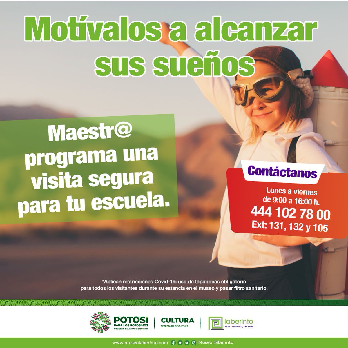 museolaberinto's tweet photo. 🚨 ¡Atención!... maestras, maestros la espera ha terminado.
📅Programa una visita segura para tu escuela en el #MuseoLaberinto y motívalos a alcanzar sus sueños.
#PotosíParaLosPotosinos
#GobiernoDelEstadoDeSanLuisPotosí https://t.co/NOV3x6RCG1