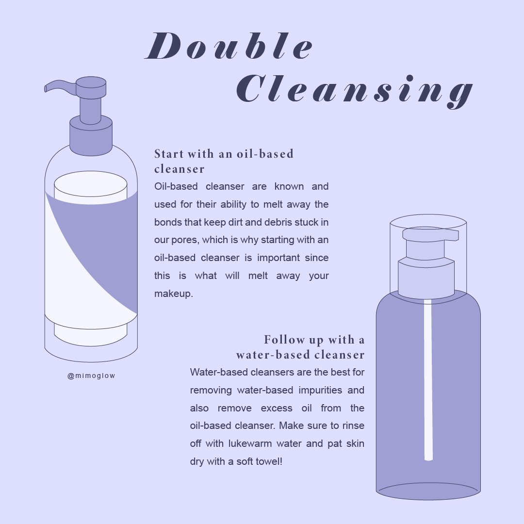 Mimoglow's tweet photo. Double-cleansing simply means using two different cleansers, one with oil, followed by another with water, to try to get your face as clean as possible, without irritating your skin. So... what products do you use for double-cleansing? 👀 https://t.co/YdGWomXibF