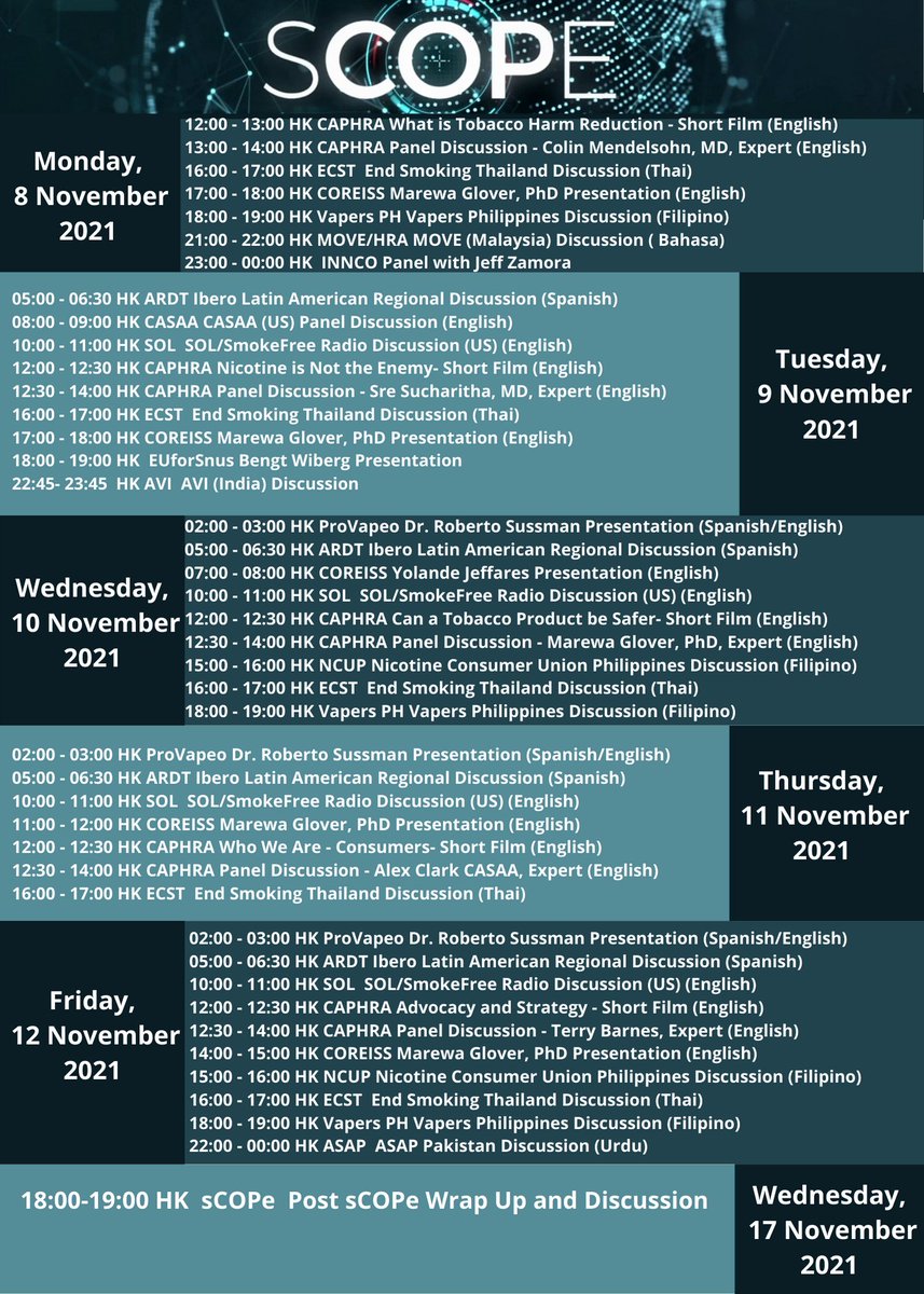 voices4vape's tweet photo. sCOPe Livestream Event on 8-12 November 2021.  Final Programme Schedule  (all times Hong Kong). Watch here live:  https://t.co/gbv5MSOcl9   #Voice4Choice, #sCOPe21, #Commit2Switch. https://t.co/w8oj6gVSGM