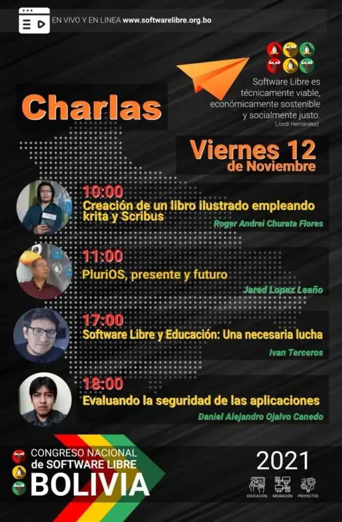 SLOBolivia's tweet photo. Este es el programa para el viernes 12/11/21, empezamos el Congreso Nacional de Software Libre #CONASOL 2021. Programa completo de charlas y talleres en: https://t.co/y5uUoHVyuV https://t.co/nD1kj5tshw