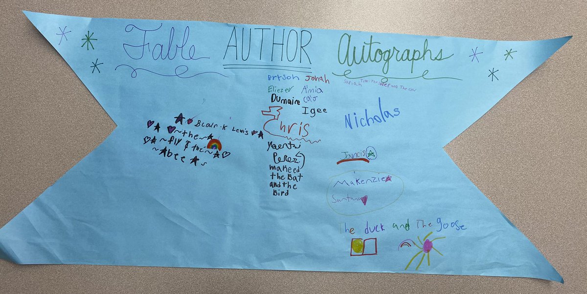 MsEyreland's tweet photo. We rolled out the red carpet in Eyreland today to 🎉 celebrate 🎉 our hard work writing Fables! You could feel the joy and pride each author had as they shared their writing with their peers! 📣 We even created a class author autographs banner! ✏️📝💻 https://t.co/3DWIiHtYbr