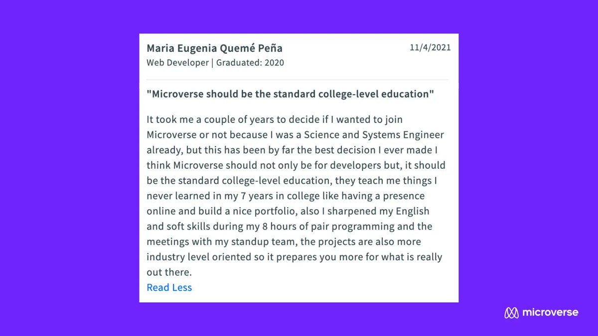 microverseinc's tweet image. &quot;I think Microverse should not only be for developers but, it should be the standard college-level education, they teach me things I never learned in my 7 years in college.&quot;

Here&apos;s what Microverse student Maria had to say about the program.🙌⠀
⠀⠀
#learnwithmicroverse