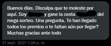 LostEthereal's tweet photo. Durante este tiempo recibo MDs de otros ganadores de las cestas, que están en las mismas. También les habla otro participante preguntándoles por lo mismo y les responde que durante septiembre ya llegarían los premios. Seguimos a la espera. https://t.co/OSLMvkYnaN