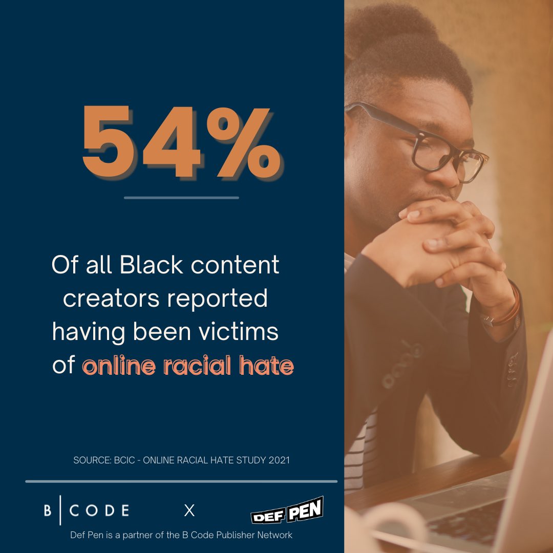 DefPen's tweet photo. Black content creators continue to suffer from online racial hate. Check out the full study: https://t.co/s2bo4YxhOO https://t.co/lws8Qf07Vt