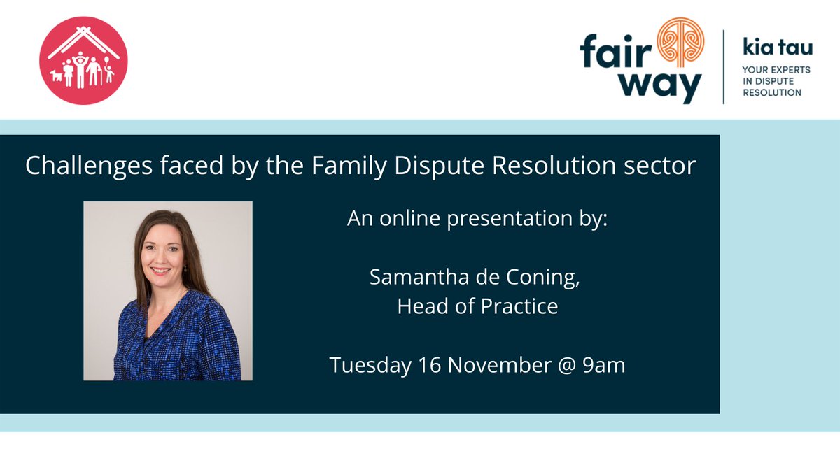 On Tuesday 16 November, FairWay’s Head of Practice, Samantha de Coning, will be presenting at the Resolution Institute Aotearoa New Zealand Conference  on the challenges faced by the Family Dispute Resolution sector. Register via the link: resolution.institute/conference-nz-…