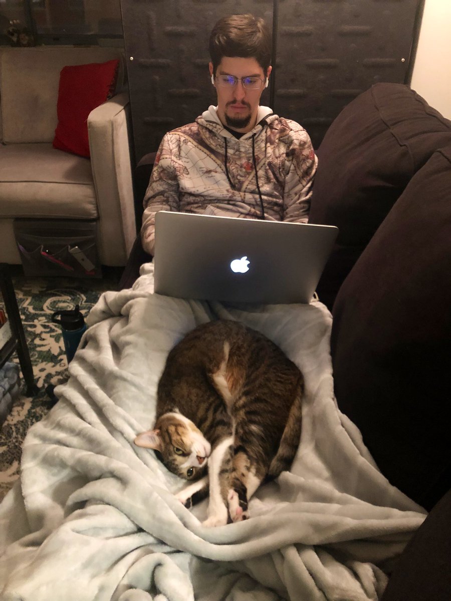 My fiancé wearing a hoodie, sitting on a dark grey couch with his computer in his lap. He’s covered in a blanket, and Kosmo, a brown cat, is folded between his legs
