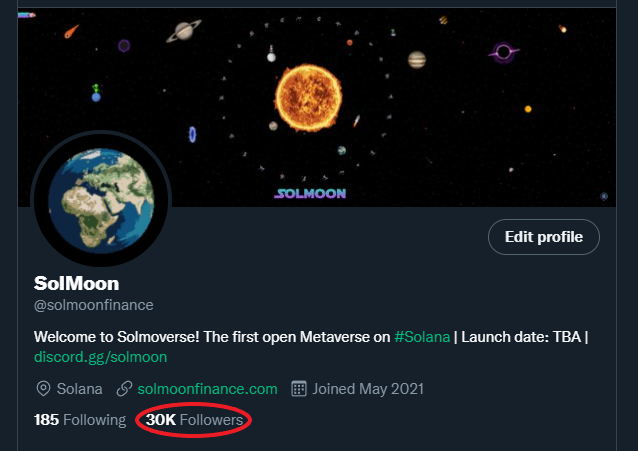 We just hit 30k followers on Twitter! 🥳 
To celebrate, we are giving away 10 times the amount so one lucky person can win 300,000 $SOLMO!

Retweet 🔁
Tag 2 friends ✅
Like and comment #solmoon 🌑

#Solana #SOL $SOL #Solmoverse #SolanaNFTs