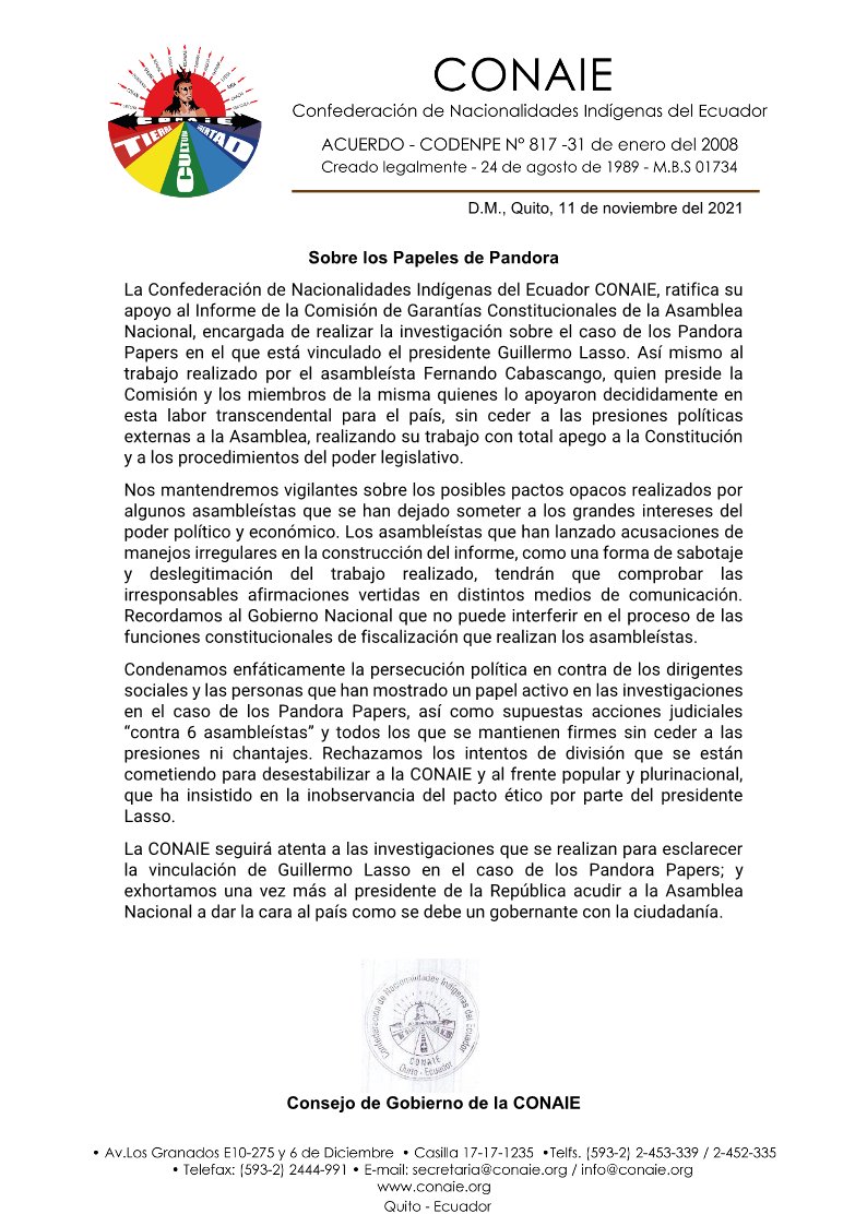 CONAIE_Ecuador's tweet photo. Ratificamos nuestro apoyo al Informe #PandoraPapers elaborado por la Comisión de Garantías Constitucionales @DerHumanosAN y @fer_cabascango. Exhortamos al presidente @LassoGuillermo a que acuda a la @AsambleaEcuador para explicar al país su vinculación con paraísos fiscales. https://t.co/1e544B8bIK