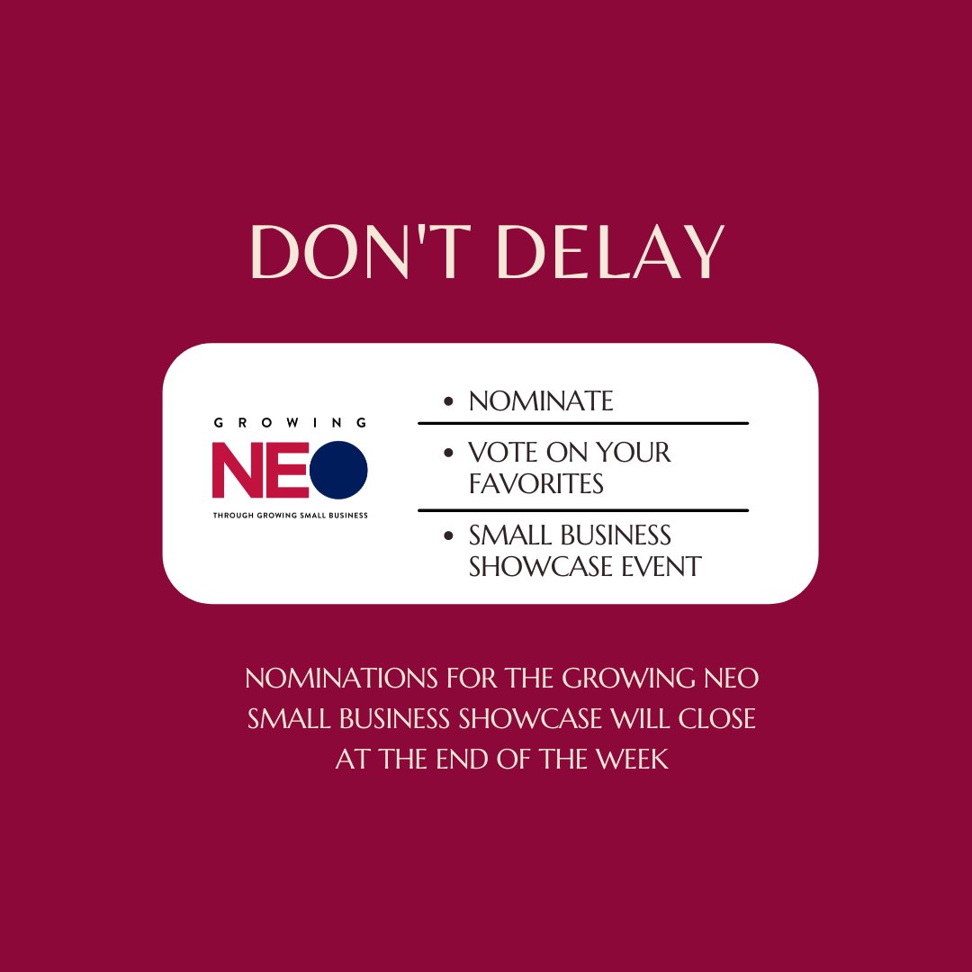 GrowingNeoSMBs's tweet photo. Time is running out. Nominations for our Growing NEO Small Business Showcase will close at the end of the week. https://t.co/bRyiP3dPuX to nominate. Once nominations are closed, we will open up voting to the NEO community so they can pick their favorites in each category. https://t.co/iVgxMnkRUz