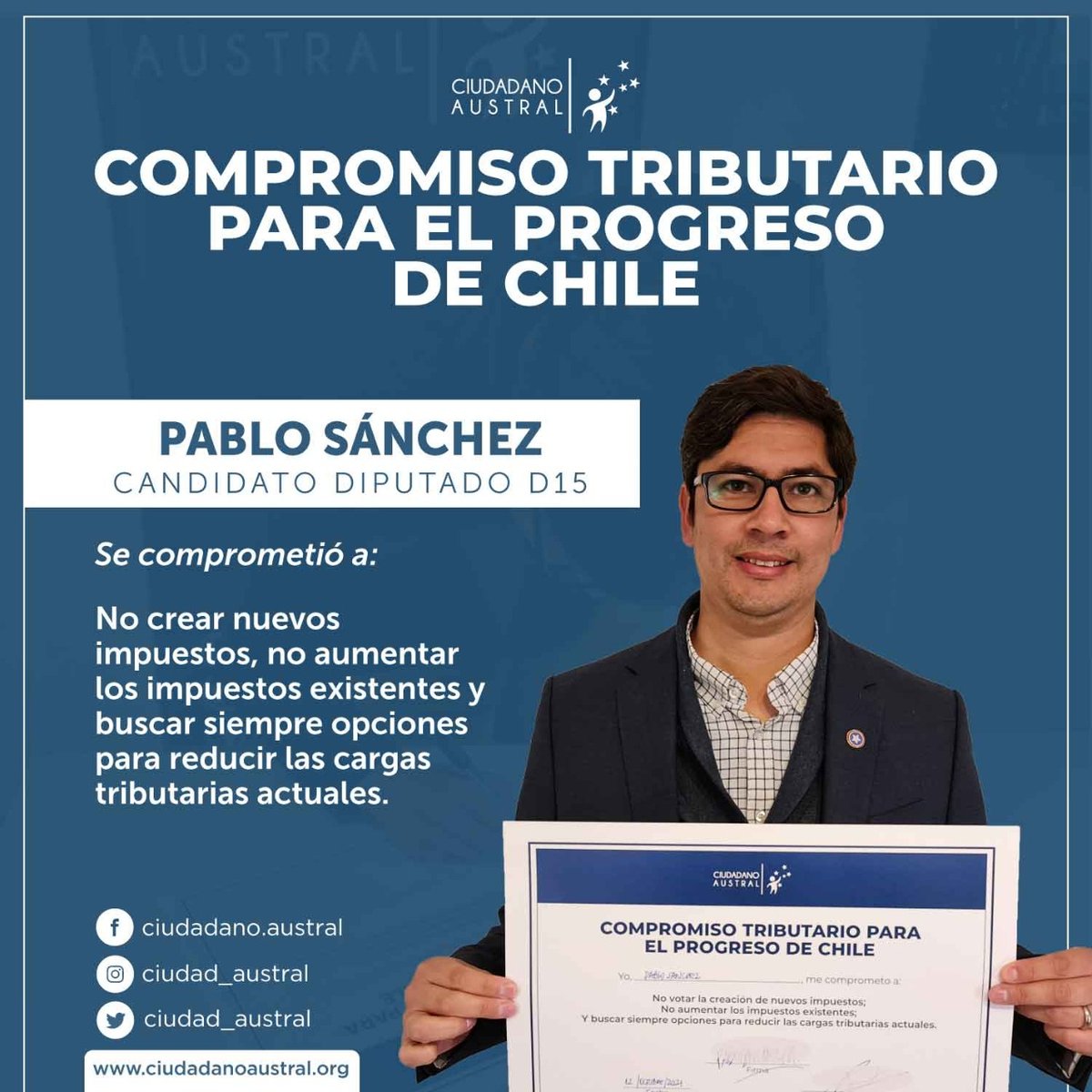 ciudad_austral's tweet photo. El siguiente candidato a diputado en firmar el 𝐂𝐨𝐦𝐩𝐫𝐨𝐦𝐢𝐬𝐨 𝐓𝐫𝐢𝐛𝐮𝐭𝐚𝐫𝐢𝐨 𝐩𝐚𝐫𝐚 𝐞𝐥 𝐏𝐫𝐨𝐠𝐫𝐞𝐬𝐨 𝐝𝐞 𝐂𝐡𝐢𝐥𝐞 de Ciudadano Austral, en el distrito 15 es @PabloSanchezM

Invitamos a los demás candidatos a firmar el #CompromisoTributario⁠ https://t.co/jpLQt438hA