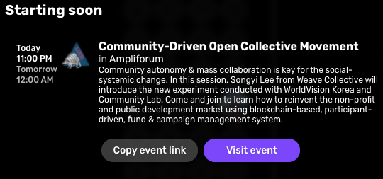 lai's tweet photo. Join @iamsonge shortly for the #openCOP mainstage session on Community-Driven Open Collective Movement building @WVKorea #blockchain #publicdevelopment
Head to: https://t.co/sjnqNMxHto https://t.co/sFNfmQw8AH