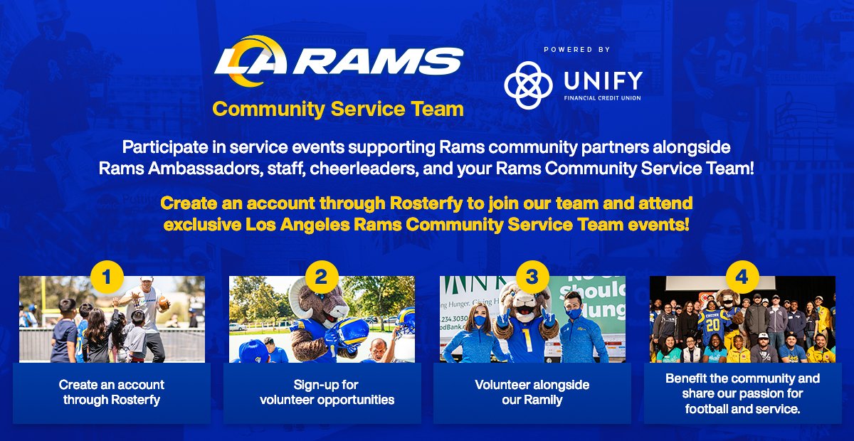 The Los Angeles Rams Community Service Team Powered by <a href="/UnifyFCU/">UNIFY</a> will provide monthly service events for Rams fans to share their passion for football + service hosted by non-profit organizations across LA. 

Sign up + volunteer alongside our Ramily! ⤵️ 
therams.com/community/comm…