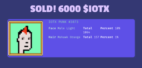 iotexpunks's tweet photo. Another #iotexpunks Market Sale! 🚀The biggest so far at 6000 $iotx for PUNK 3873! This PUNK is very rare combo containing the rarest Punk Trait a "Mohawk" coming in at 1% in the #iotxpunks 🤙🤙 #iotex #iotx #iotxnft #nftmarketplace https://t.co/9EXAgoyKIC