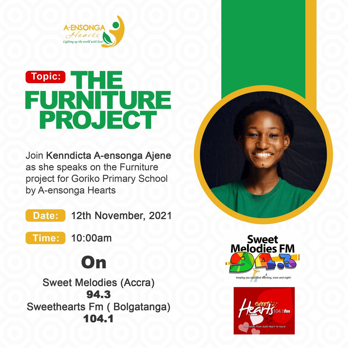aensongahearts's tweet photo. JOIN THE CONVERSATION TOMORROW AT 10:00am❤️
KINDLY SUPPORT THEM WITH DESKS by donating GHS5 to MOMO: 0247806393
#Godfirst#A-ensongaHearts #4thproject #Children #the5cedischallenge #Goriko #humanitarian #AensongaHearts #love #Children #NGO #bestofme #desk https://t.co/DsfzHgoMxW