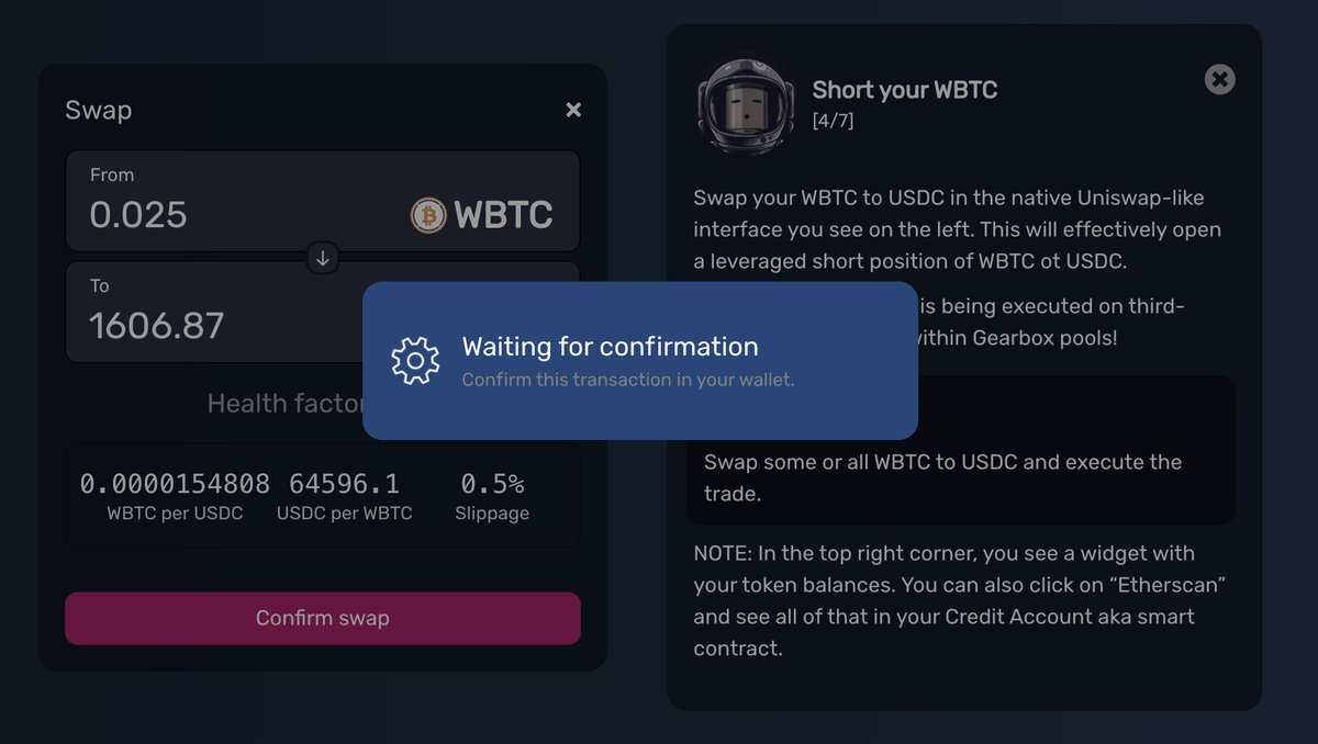 nMusicnellum's tweet photo. Hi, @GearboxProtocol. I am exploring your beta app and enjoy your guide! However I am experiencing some glitch when try to confirm swap from $WBTC to $USDC. Loader appears and go away. No transaction is executed. https://t.co/WIDyT8DaxT