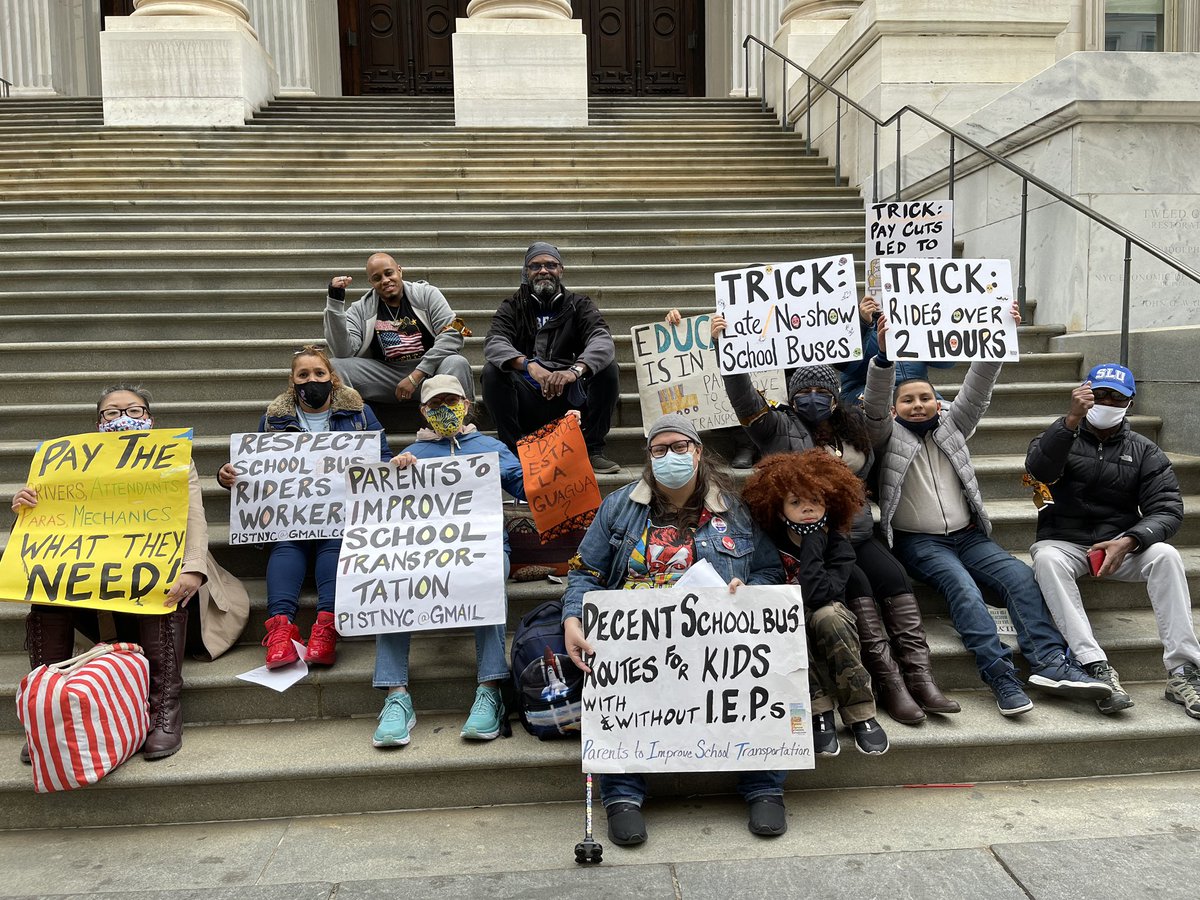 KnittingmommaHD's tweet photo. Jordan and I were out protesting again today. Our kids need busses and our workers need protections. @pistnyc @NYC_ProtectSWD @tomcsheppard @d75council @NYCSchools @nycpa @MarkTreyger718 @HelenRosenthal https://t.co/365zFq04Pa