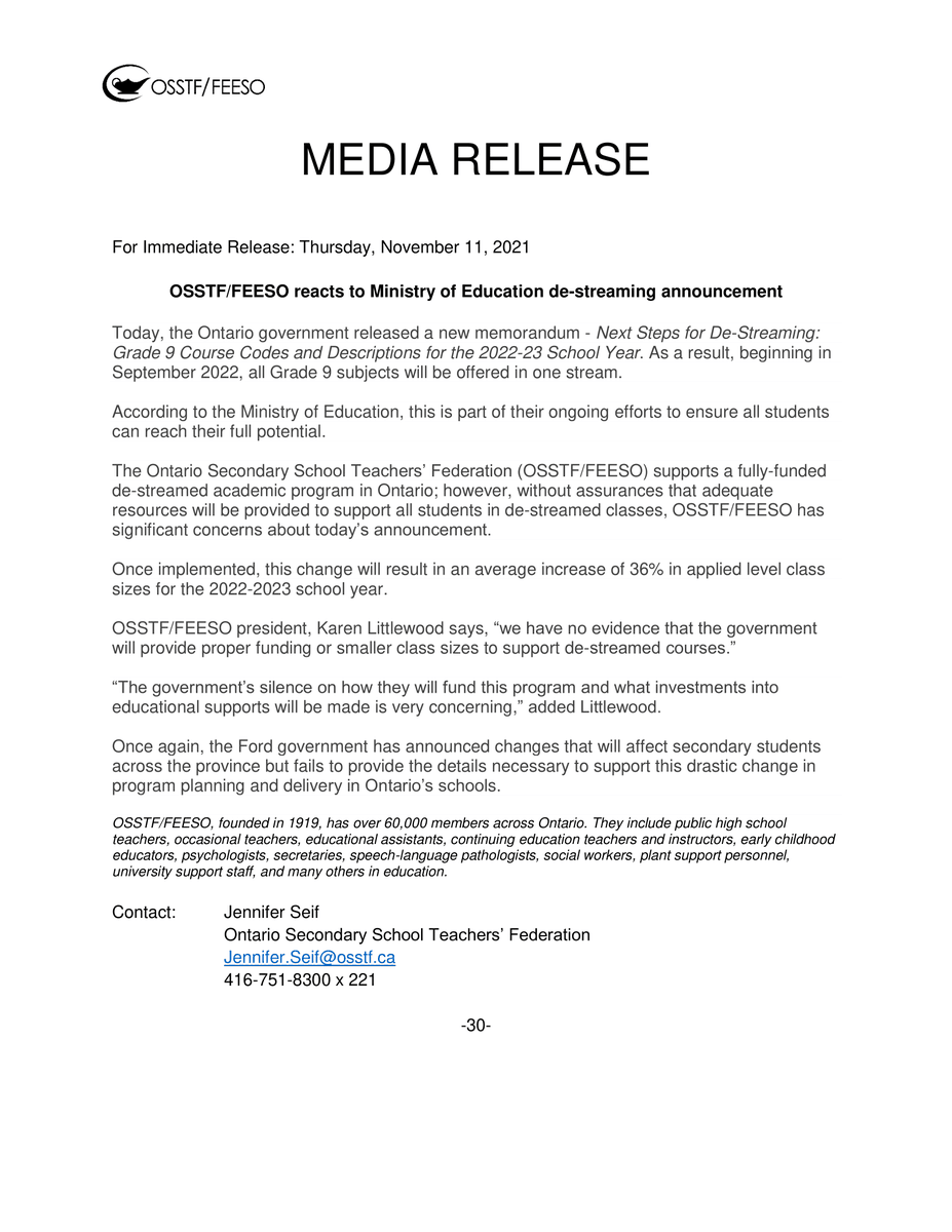 OSSTF/FEESO reacts to Ministry of Education de-streaming announcement

#OSSTF president, <a href="/karenosstf/">osstfkaren</a>  says, “we have no evidence that the government will provide proper funding or smaller class sizes to support de-streamed courses.”   

#OntEd #OnPoli #ProPublicEd #FEESO