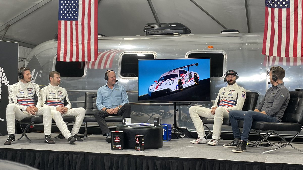 RaceWeatherTech's tweet photo. . @CooperMacNeil, @kevinestre, and @ChristensenMK stopped by the @TorqueShowLive before gearing up for night practice.
#TorqueShow #WeatherTechRacing #ProtonCompetition #MotulPetitLeMans https://t.co/sjgqefZxyR