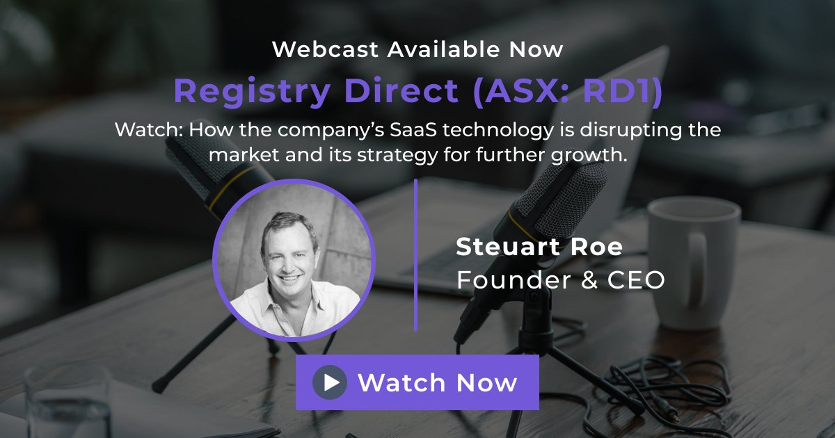 registrydirect's tweet photo. Catch-up on the recent Registry Direct $RD1 investor briefing with CEO Steuart Roe. Watch now 👉 https://t.co/qXwMNFiYue

Steuart provides an update on how Registry Direct’s #SaaS #technology is disrupting the market, their major projects and strategy for further growth. https://t.co/tmx0q3dpqv