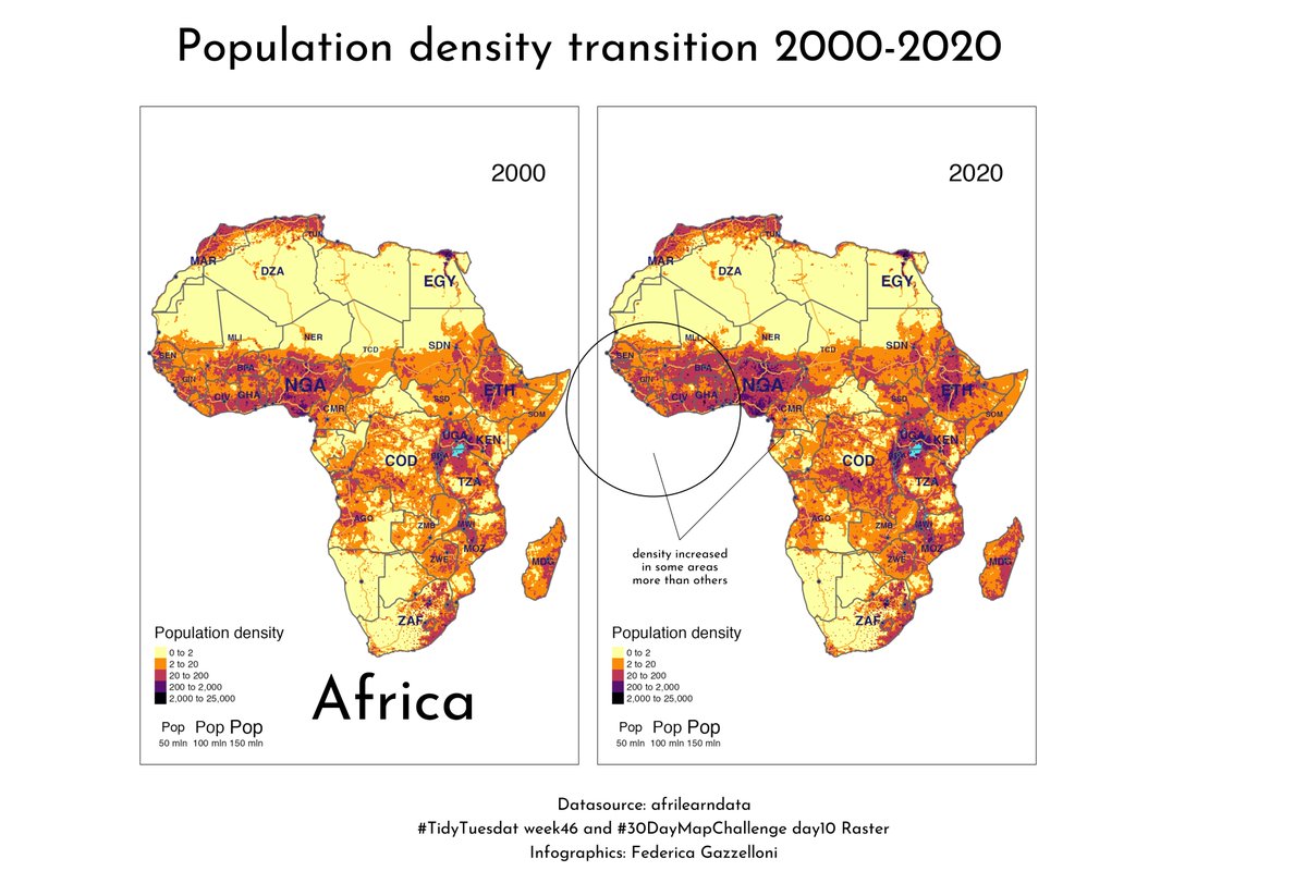 This raster image is from #TidyTuesday week46 {afrilearndata} I have made used {tmap} and some 'raster data' to make layers of both sf and rasters
@R4DScommunity also day10-raster #30DayMapChallenge Africa population density transition 2000-2020
#map #RStats #infographic #dataviz