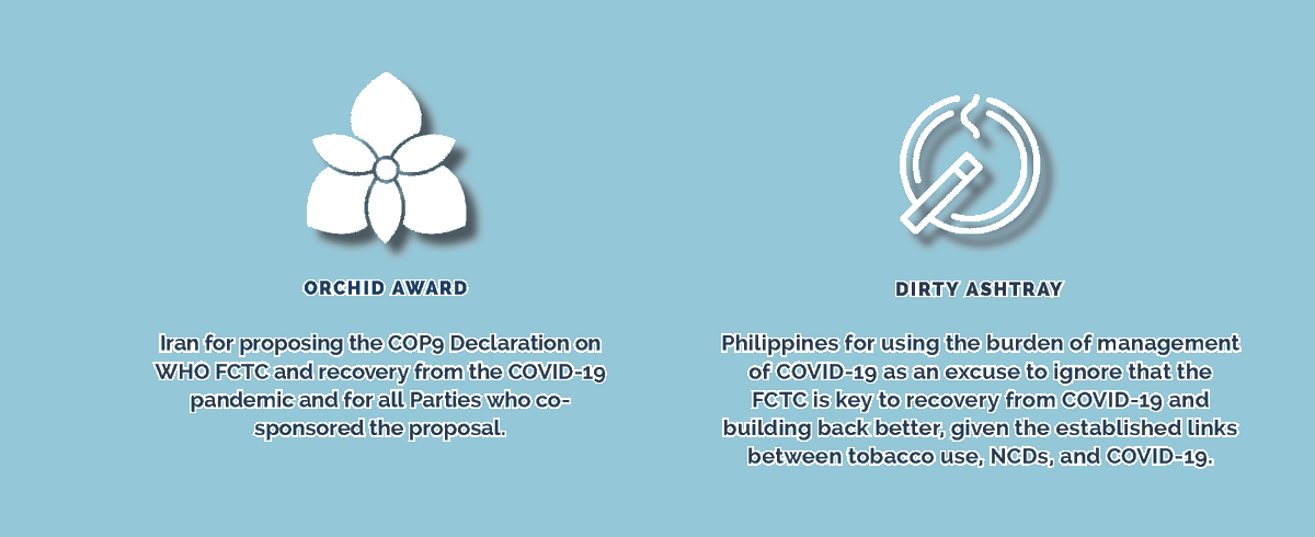 GATC_int's tweet photo. Welcome to Day 5 of #COP9.
Who received the Orchid & Dirty Ashtray awards from Day 4? Recipients are listed in the photo.
Read the Bulletin here:
https://t.co/w5bMXFxAni #COP9news #FCTCBuildsBackBetter #FCTCSavesLives https://t.co/SaqrvyiPCI