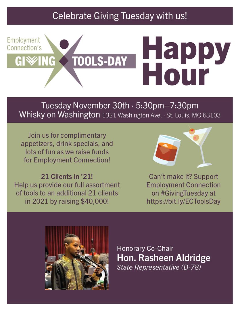 employmentstl's tweet photo. We're gaining momentum as we head towards #GivingTuesday! On November 30th, join us and @RepSheenBean at Whisky on Washington as we raise funds to help an additional 21 clients in 2021!
https://t.co/USbycjYZpz https://t.co/UNo8FdPYDS