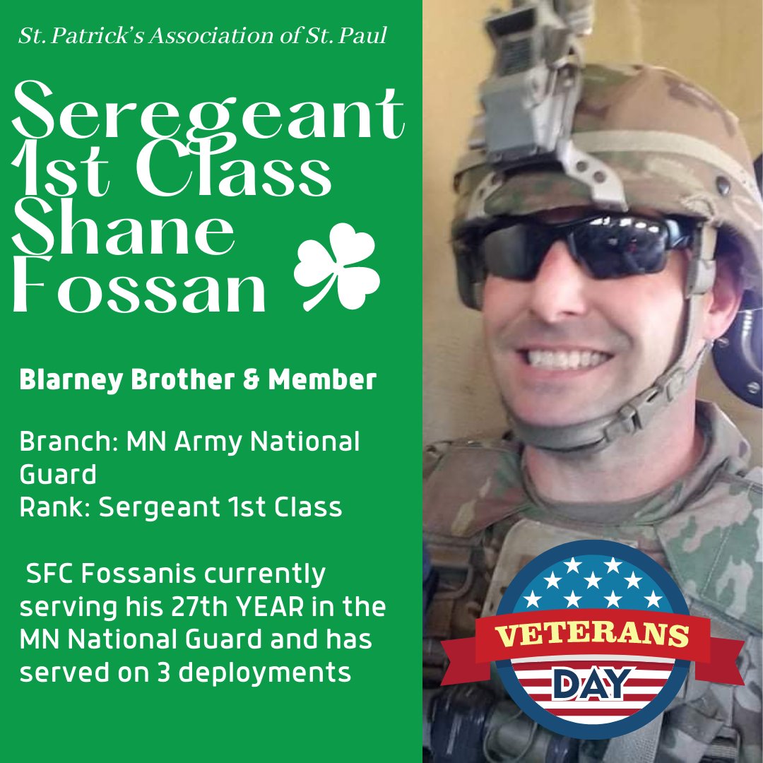 StPatsMN's tweet photo. This Veteran’s day we honor our final veteran in our veteran’s day series- SFC Shane Fossan! 🇺🇸 Sergeant 1st Class Shane Fossan has served 27 years in the Army National Guard including 3 deployments! Join us in thanking SFC Fossan below 👇 https://t.co/17wJBVRJIP