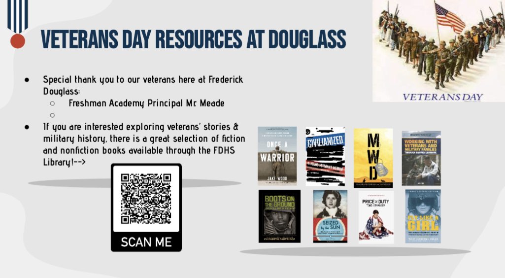 FDHSBookJockey's tweet photo. Every veteran has a different story to share. Check out our Veterans' Day collection through the library catalog. As Mr. Meade said this morning, the best way to thank a veteran is to do good for (and with) others. #FDHSBeTheBest https://t.co/drHgNRvUEE